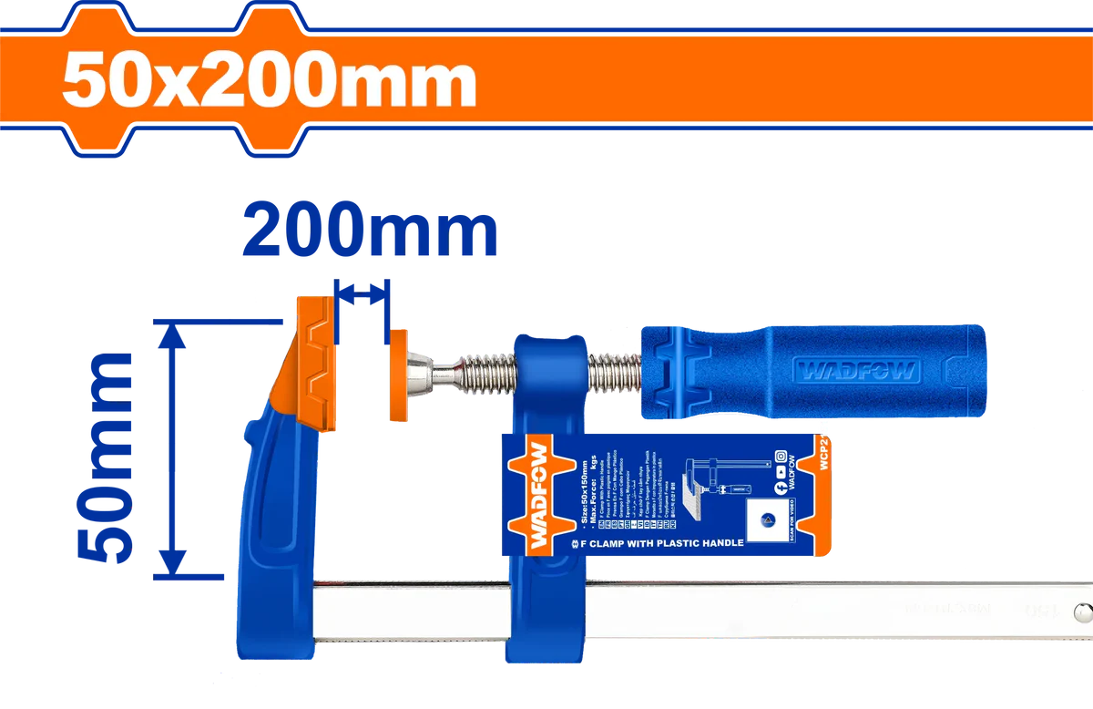 WADFOW 50x200mm F-Clamp Nickel Plated Steel Bar Woodworking Clamp with Plastic Handle WCP2152 Wadfow